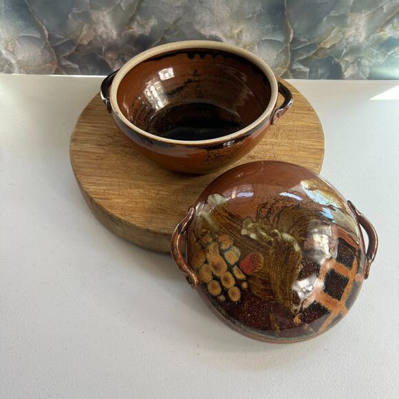 Art Studio Pottery Casserole With Handles & Lid 8" Stoneware Brown Glazed 80s - Picture 2 of 13